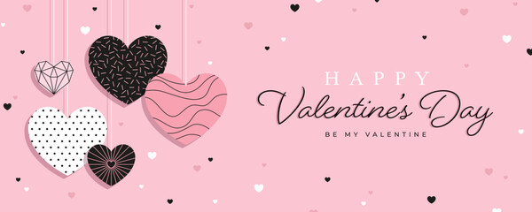 Valentine's Day greeting card or banner with hearts on pink background.