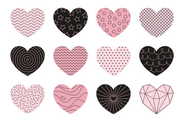 Pink and black heart shapes set with different linear geometric patterns.
