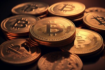 image of Bitcoin crypto money shown as gold coins. generative AI