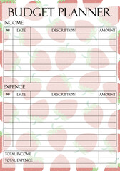 Budget planner template on strawberry pastel background. Income, expence, savings, budget allocation, price, amount, payment, bookkeeping. Financial management concept. Vector illustration
