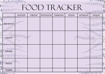 Food tracker page on pastel lavender background. Weekly planner template, meals, breakfast, lunch, dinner, snack, water intake, counting calories. Proper nutrition concept. Vector illustration