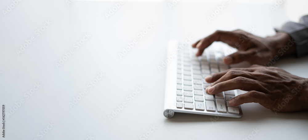 Poster Hand typing message on keyboard laptop chatting friend search information form internet while working on computer concept for technology device contact communication business people.