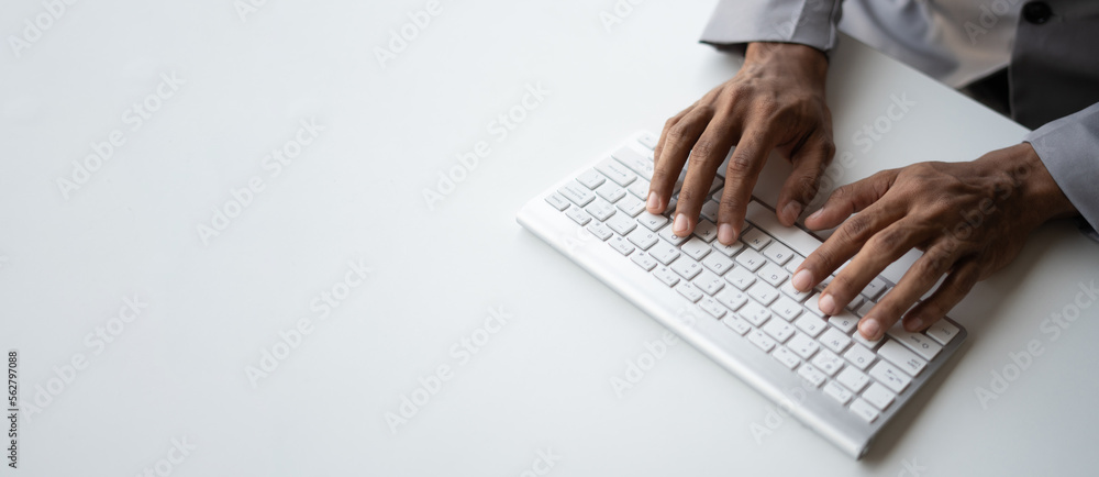 Poster Hand typing message on keyboard laptop chatting friend search information form internet while working on computer concept for technology device contact communication business people.