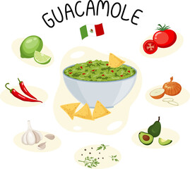 Vector illustration of mexican cuisine dish guacamole with ingredients.
