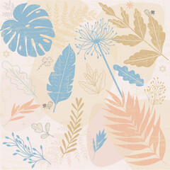 Hand drawn image of beautiful tropical plants and leaves in a simple style. This print can be used for printing on fabric, and for any design.