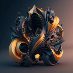 3D Abstract Art, Gold and dark gray object, Realistic Illustration, Golden, Black, Dramatic Lighting in a dark background, Realistic textures, 3d object, s3D Shape