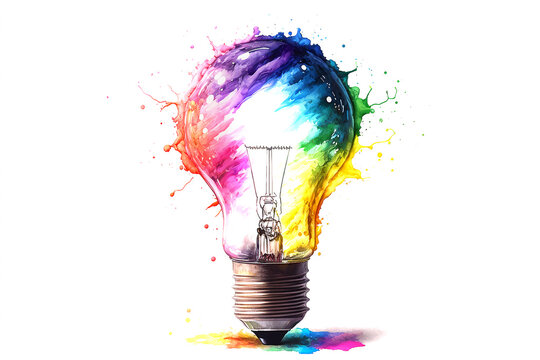 Watercolor painting with Lightbulb with colourful splashes and streaks of multi-colored paints banner on white background. Creativity, eureka, imagination, inspiration. Generative AI