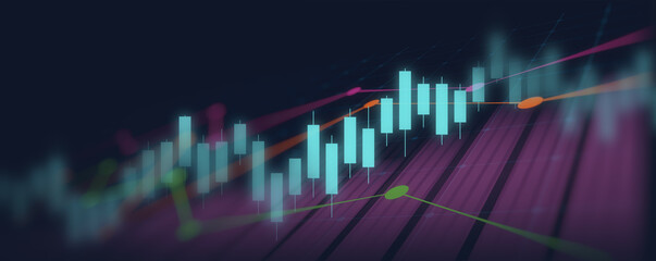 Financial graph with up trend line candlestick chart in stock market on neon color Widescreen background