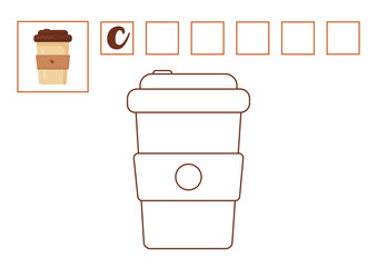 Plastic cup with hot coffee - children's coloring book and crossword puzzle. Educational guide for children. Guessing the word