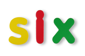 Six word in coloured magnetic letters with clipping path