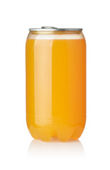 Front view of orange soda in transparent  plastic can