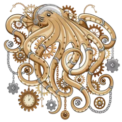 Fototapete Zeichnung Octopus Steampunk Clocks and Gears Gothic Surreal Retro Style Machine transparent Background