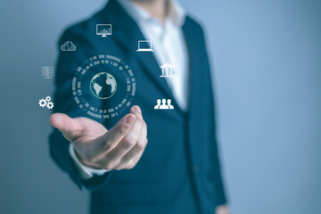 Digital marketing, Global business, IoT Internet of Things, business strategy concept. Businessman touching on global network with technology icons