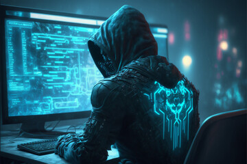 Dangerous Hooded Hacker Breaks into Government Data Servers and Infects Their System with a Virus. His Hideout Place has Dark Atmosphere, Multiple Displays, Cables Everywhere, Generated ai