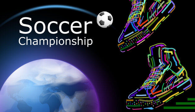Football poster with soccer ball, sneakers on planet earth background and space for text.