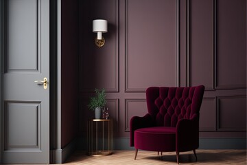 Dark wine velvet maroon  armchair and light wooden floor. Generative ai