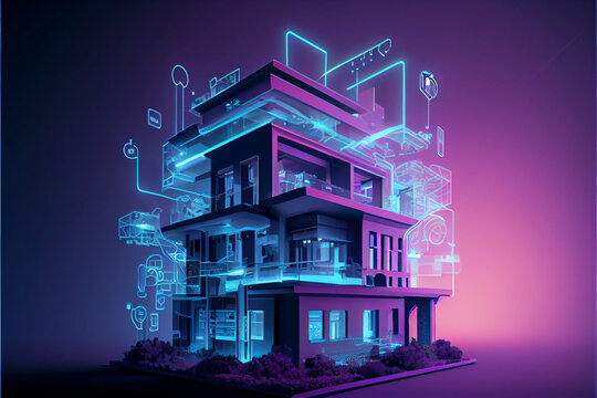 Modern smart home, against the background high-rise buildings. Development architecture computer systems of smart building. Hologram of the smart home is isolated on blue background, Generated ai