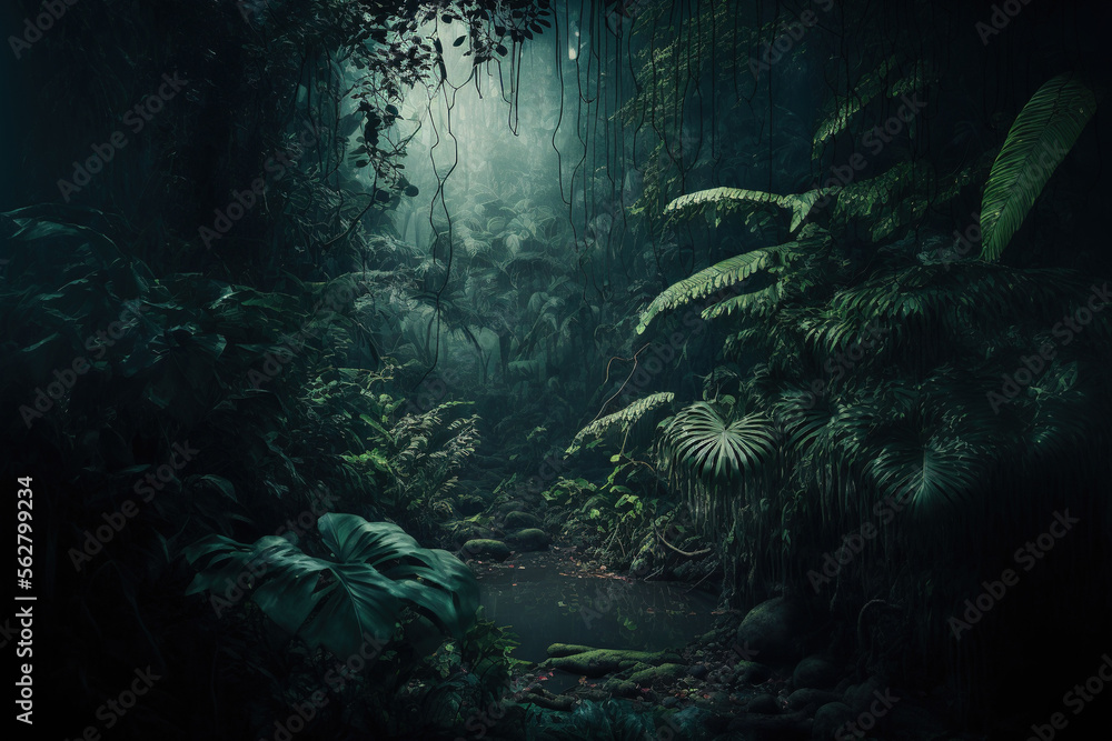 Wall mural night tropical jungle background. atmospheric rainforest. ai