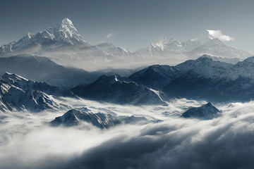 Fototapeta na wymiar Winter landscape with mountain peaks in clouds. AI