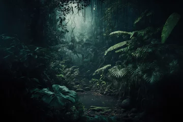 Foto op Canvas Night tropical jungle background. Atmospheric rainforest. AI  © Oleksandr Blishch