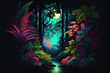Night tropical jungle background. Atmospheric colorful rainforest. AI	