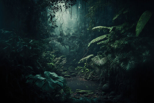 Fototapeta Night tropical jungle background. Atmospheric rainforest. AI 