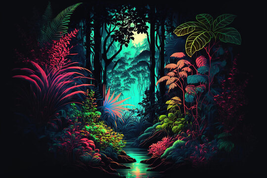 Fototapeta Night tropical jungle background. Atmospheric colorful rainforest. AI 