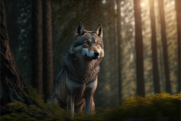 Obraz premium A wolf on forest mountain looking at the horizon