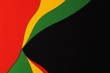 Black History Month color background. Abstract black, red, yellow, green color paper cut background with geometrical wavy lines and shapes. Top view