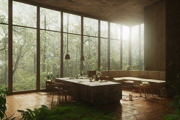 Luxury Modern Interior with Modern Windows at Golden Hour Made with Generative AI