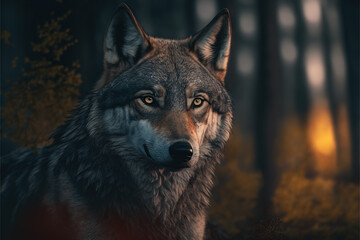 Obraz premium A wolf on forest mountain looking at the horizon