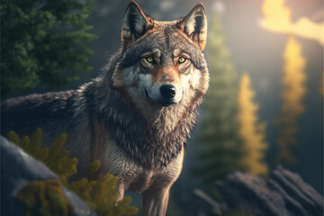 Naklejka na ściany i meble A wolf on forest mountain looking at the horizon