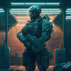 Futuristic soldier with advanced weapon in laboratory setting, digital illustration