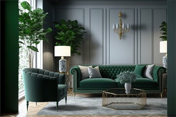 Luxurious modern evergreen living interior design. generative ai - obrazy, fototapety, plakaty
