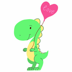 An illustration of a dinosaur in green color with a cartoon heart shaped balloon.