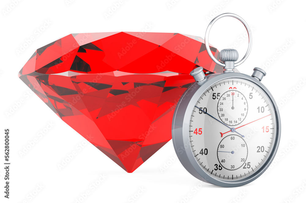 Poster red gem with stopwatch. 3d rendering