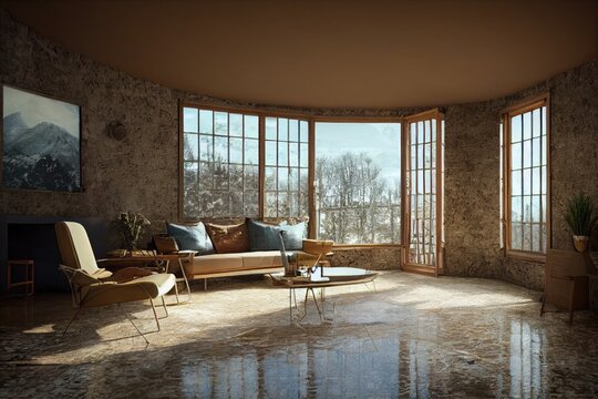 Luxury Living Room Interior with Modern Windows and Winter Views Made with Generative AI
