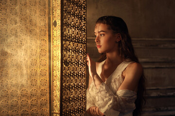 Young long haired woman in vintage night gown looking through screen in smoky room. Historic portrait of noble woman