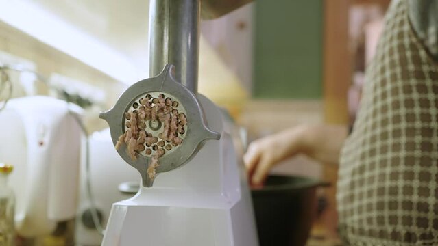Woman making minced meat for patte with an electric meat grinder in the kitchen