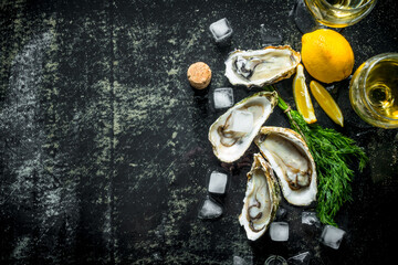 Fresh raw oysters with ice cubes, dill, lemon and wine.