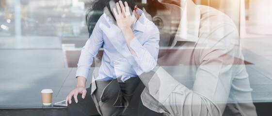 Depressed businessman lost his business. Destroyed businessman. Concept of business loss,...