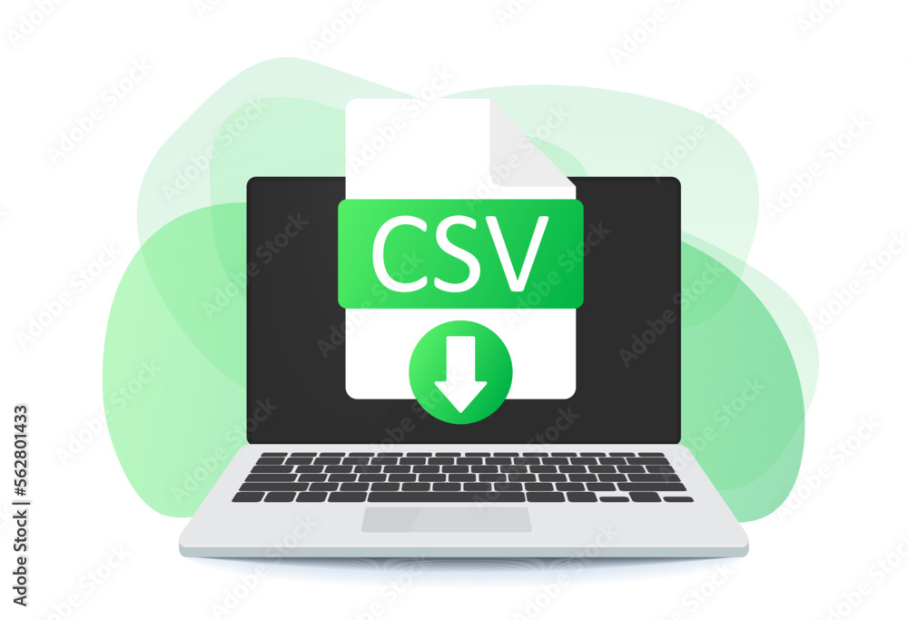 Poster download csv button on laptop screen. downloading document concept. csv label and down arrow sign. v