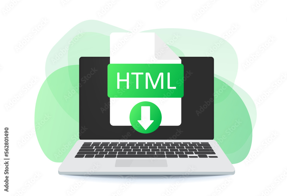 Poster download html button on laptop screen. downloading document concept. html label and down arrow sign.