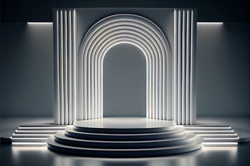 Empty white neon futuristic lighting stage and platform, Generated ai