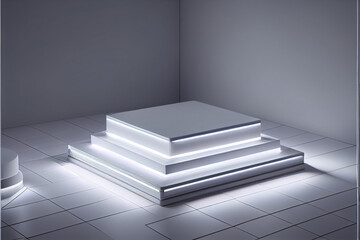 Empty white neon futuristic lighting stage and platform, Generated ai