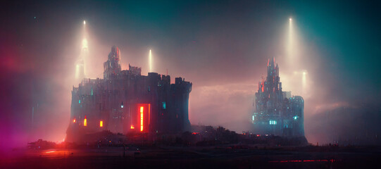 SCI-FI Castle in Cyberpunk Style, atmospheric light, concept art, generative AI