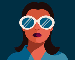 Fototapeta na wymiar Portrait of a girl in sunglasses. Summer flat illustration, poster. Vector