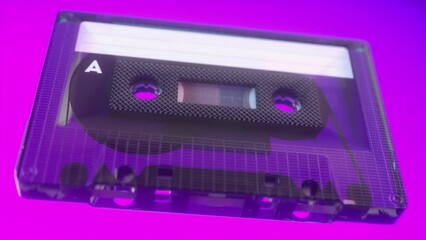 Radio tape recorder, audio cassette. Rotating tape on an old vintage cassette. Retro music concept. Vintage neon lighting
