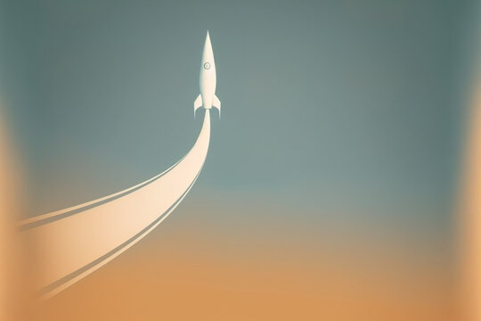 Minimalist Business Launch Pad, Idea Take Off Concept, With Rocket Ship Flying Away, Generative AI Illustration