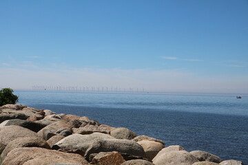 Landscape around Öresund Bridge and view to Wind turbine in the Baltic Sea, Sweden